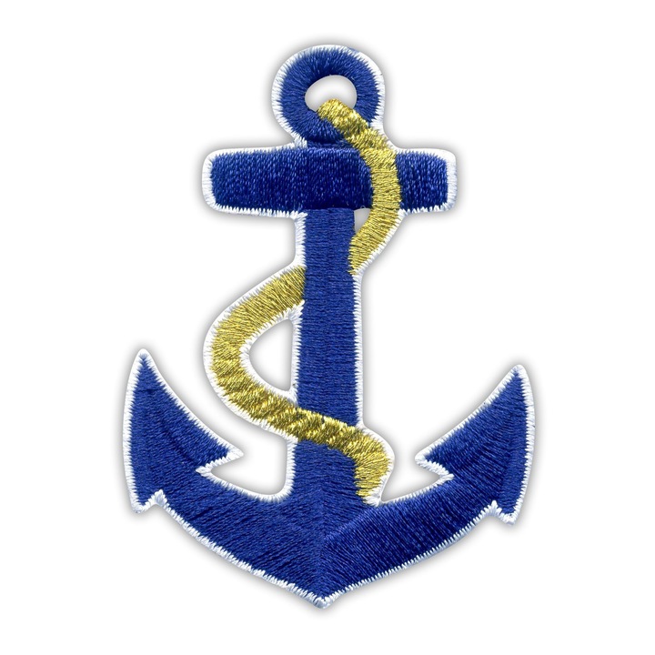 Patch brodat ancora cu franghie aurie, albastru auriu, 7x5cm, autoadeziv