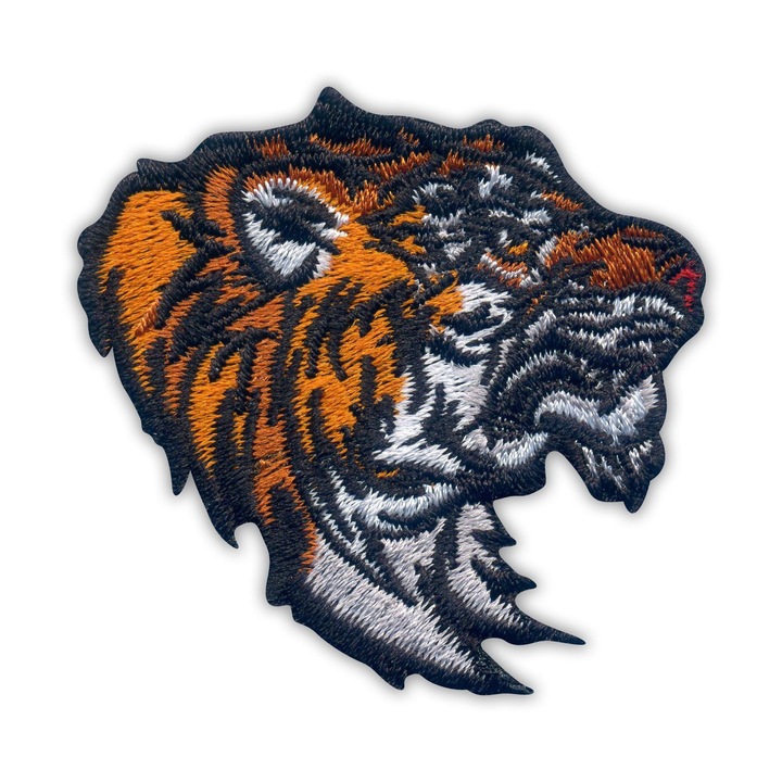 Hímzett textil felvarró, hőre ragasztható hátoldallal és hot cut szegéllyel, kis bengáli tigrisfej, Többszínű, 6 x 5 cm