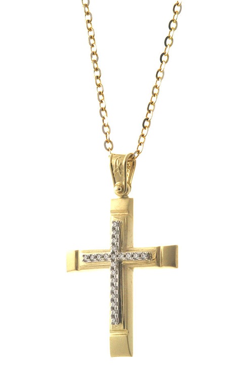 Colier cruce botez aur 14K cu pietre albe si lant aur 9K, design liniar