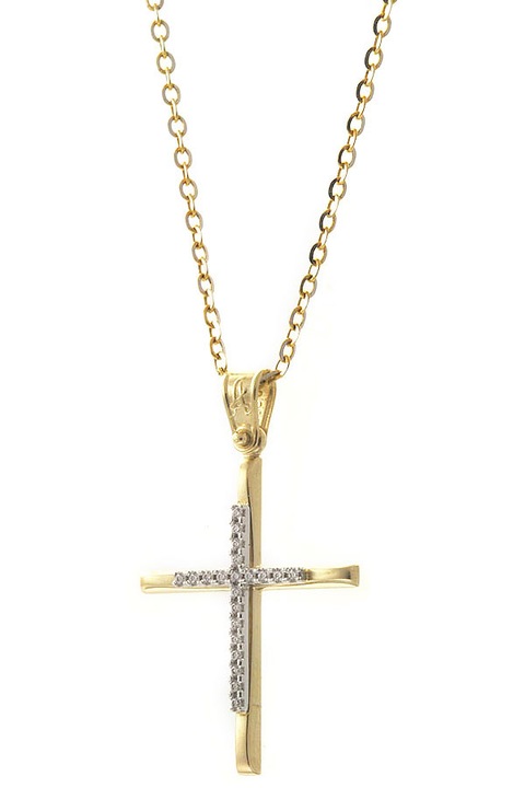 Colier cruciulita aur 14K cu pietre albe si lant aur 9K, clasic, 3.5x2cm