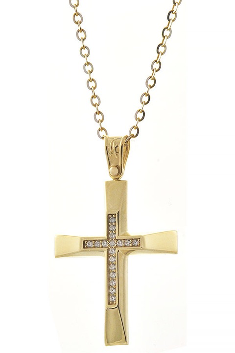 Colier cruce botez aur 14K cu pietre albe zircon si lant aur 9K, luciu stralucitor