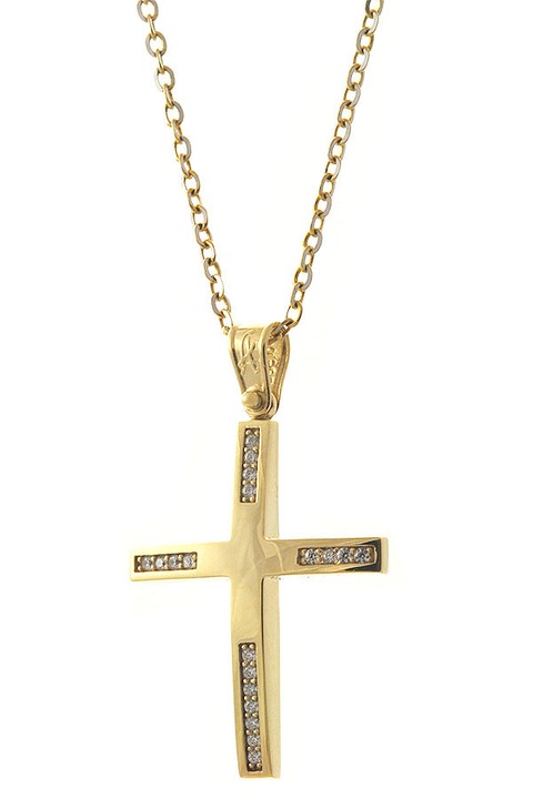 Colier cruce botez aur 14K cu pietre albe si lant aur 9K, clasic, 4x4cm