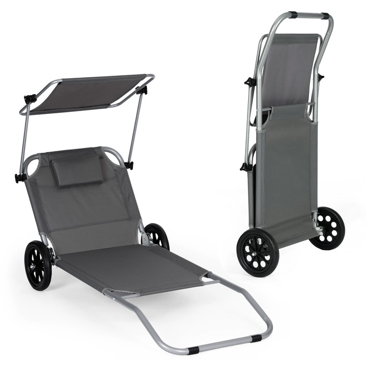 Sezlong plaja MultiGarden pliabil cu roti, reglabil, gri, 62x150cm