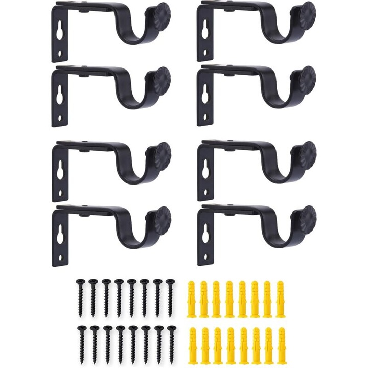 Set 8 suporturi metalice negre pentru draperii, reglabile, 25mm, 3cm