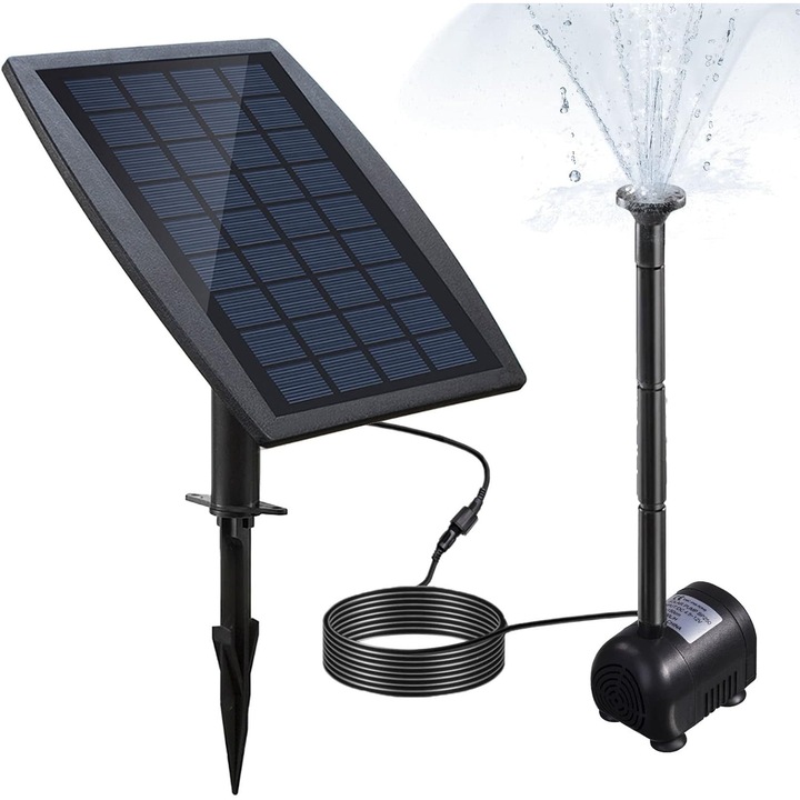 Pompa solara de apa fara perii pentru iazuri, ideala pentru fantani arteziene, cu panou solar de 9V 2, 5W care ofera un debit de 200L/h