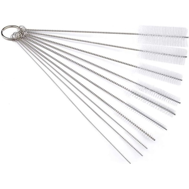 10 db-os csőkefe készlet, nylon, rozsdamentes acél, fehér, 21cm, változó átmérő