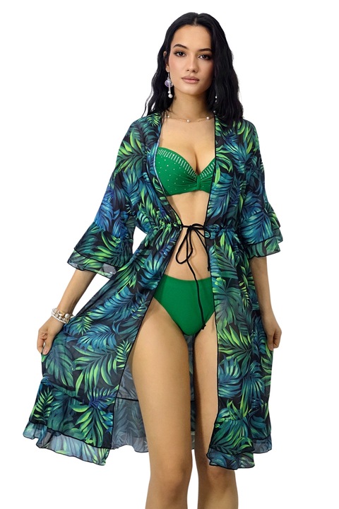 Pareo midi de plaja Amber Print, cu volane feminine si snur reglabil, Verde menta