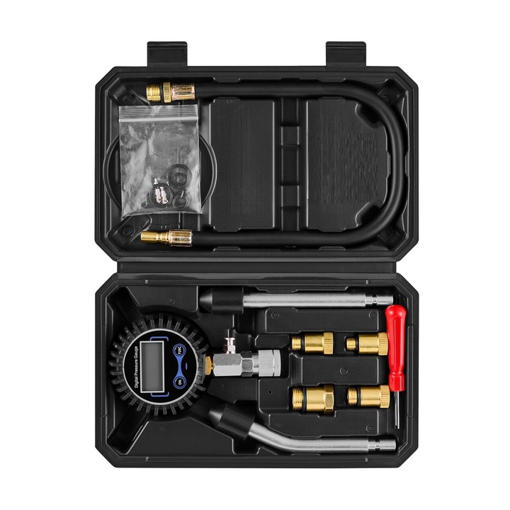 Motorhenger kompresszió teszter, nyomásmérő 10-200 PSI nyomástartománnyal, 4 x adapter