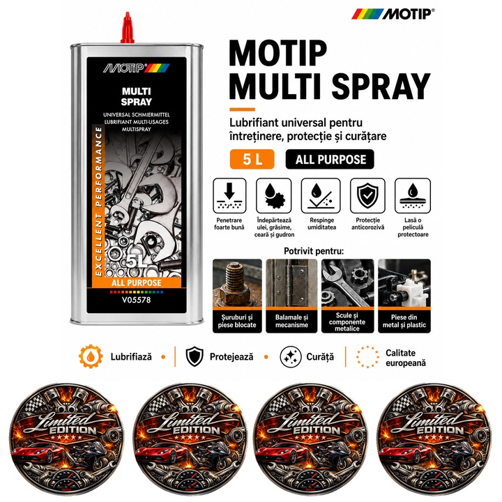 Lubrifiant universal profesional MOTIP Multi Spray 5L All Purpose, protectie anticoroziva, curatare si intretinere piese metalice si plastic, 4x Stickere auto