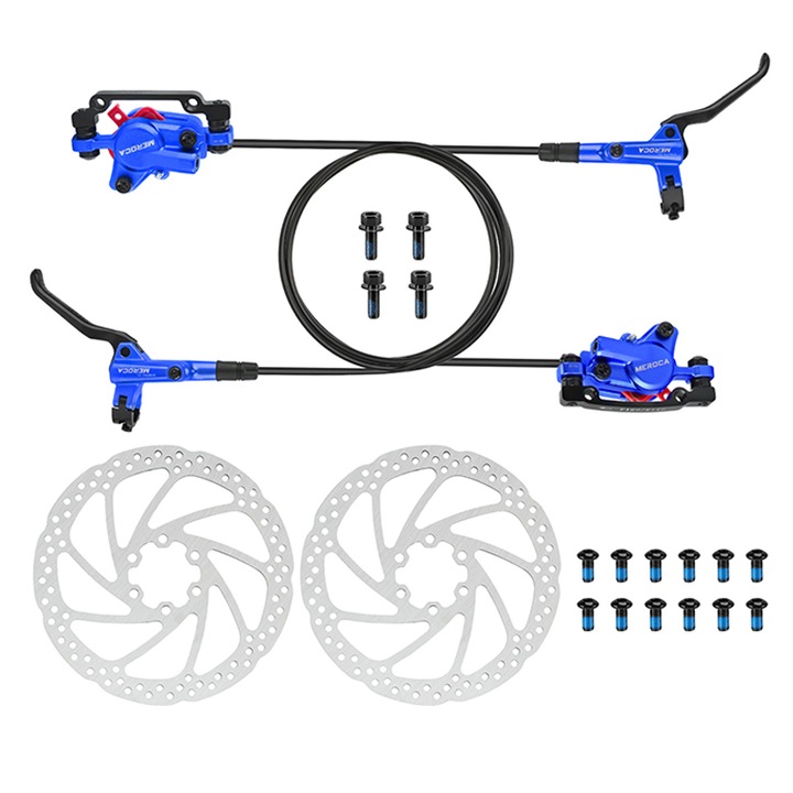 MEROCA HD-M800 Комплект хидравлични дискови спирачки за MTB, Предна дясна / Задна лява, 2-бутална система с моноблоков резервоар, Включва 2 диска 160 мм, Цвят Син