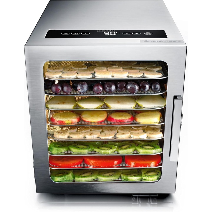 Dehidrator alimente Arendo Stainless Steel 8 nivele, 500W, 30–90°C, Timer 24h, 8 tavi inox, 43dB, GS Safety, inox alimentar