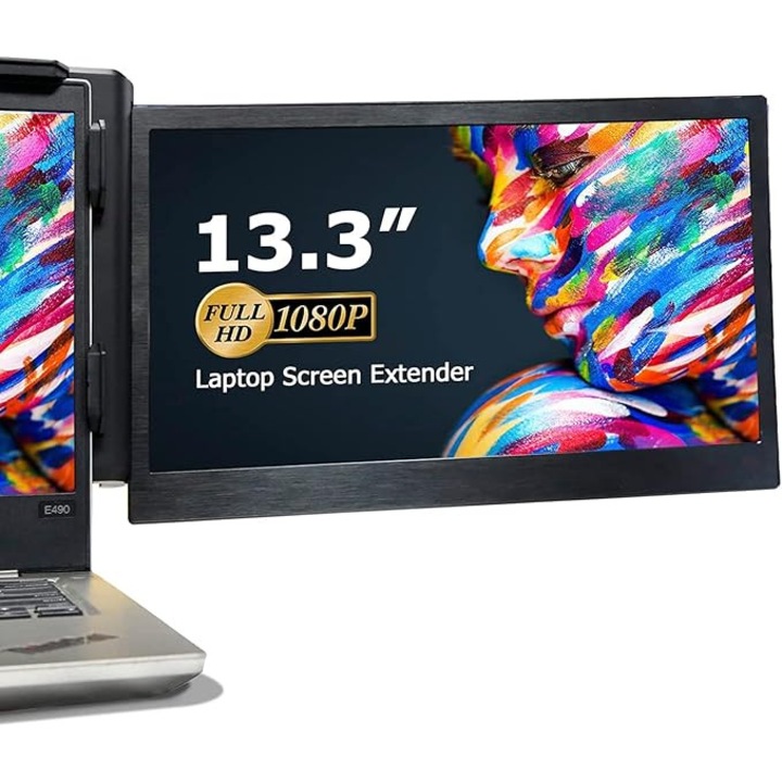 Преносим лаптоп монитор Kefeya P1 Plus, 13.3 инча, Full HD IPS 1080P, разширение с двоен екран, свързване с един кабел USB-C, премиум алуминиева рамка, съвместим с MacBook M1/M2/M3 & Windows, включена стойка