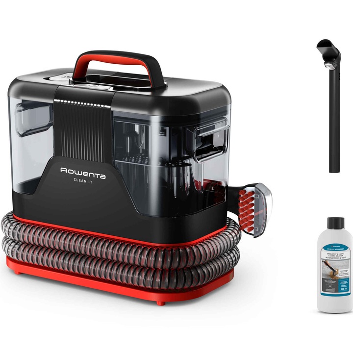 Прахосмукачка за мокро почистване Rowenta Clean IT IN5012F0, 400 W, Мощност на засмукване 12.5 kPa, Резервоар за вода и препарат 1.8 л, Резервоар за мръсна вода 1.5 л, Автоматично почистване, Четка 8 см, Включен препарат, Оранжев/Черен