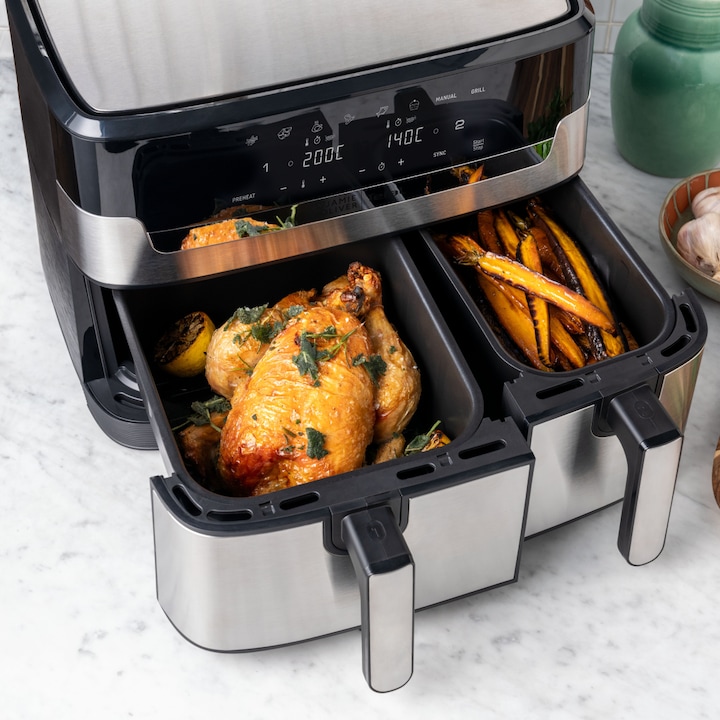 Friteuza dubla cu aer cald Jamie Oliver Dual Easy Fry & Grill by Tefal EY90JDE1, air fryer, 2700 W, capacitate 8.3 L, 8 programe, temperatura ajustabila, display digital, mod Sync, oprire automata, argintiu & negru