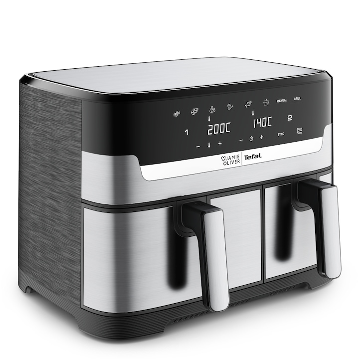 Friteuza dubla cu aer cald Jamie Oliver Dual Easy Fry & Grill by Tefal EY90JDE1, air fryer, 2700 W, capacitate 8.3 L, 8 programe, temperatura ajustabila, display digital, mod Sync, oprire automata, argintiu & negru