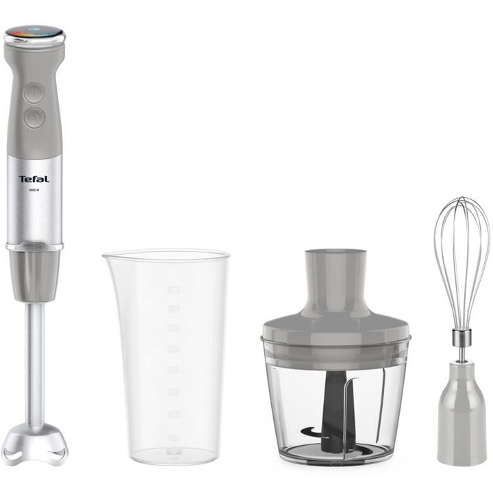 Пасатор Tefal Quickchef+ HB673B30, 1000 W, 20 скорости, Турбо функция, Чопър 0.5 л, Мерителна чаша 0.8 л, Бъркалка, 4 остриета Powelix, Защита против пръски, Крак от неръждаема стомана, Сив/Сребрист