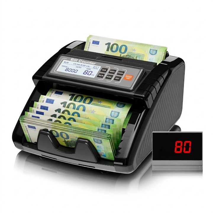 Masina numarat bani AL1000, detector bancnote false, UV/IR/DD/MG, 1200 bancnote / minut, culoare negru