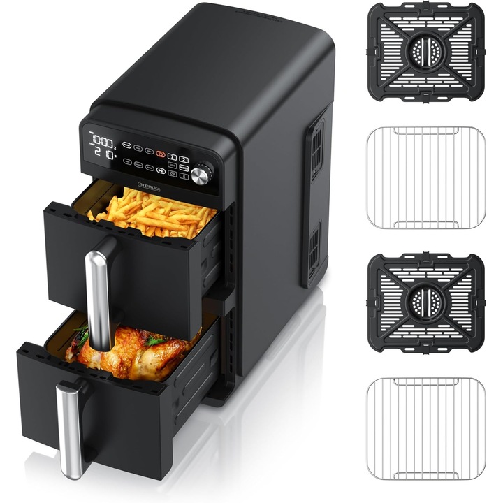 Friteuza cu aer cald Arendo XXL Dual Zone 11L, 2400W, 2 compartimente 5.5L, 3-in-1 Air Fryer, Sync & Match, 8 butoane touch, PFAS & BPA Free, 3D Convection