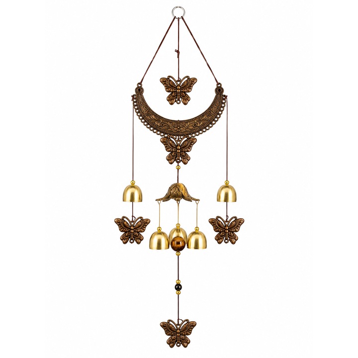 Clopotel decorativ de vant cu fluturi, metal antichizat bronz-auriu, suspendabil, 55 x 15 cm, decor exterior/interior