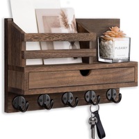 Suport de perete pentru chei, Raft depozitare, Axroad Mall, Cu 5 carlige, Spatiu de depozitare, Capacitate 5kg, Usor de utilizare, Afisaj elegant, Lemn masiv, Dimensiuni 30x19.8x8cm, maro