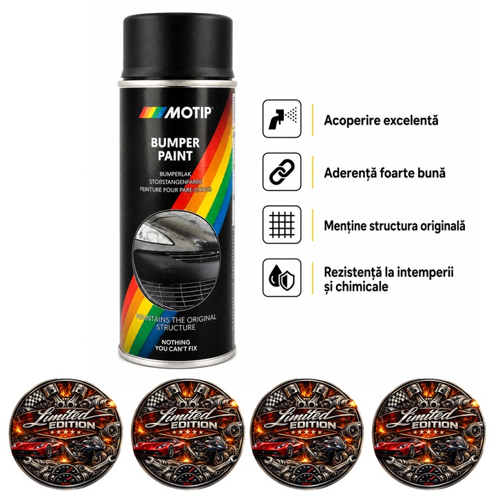Vopsea Spray Bare MOTIP Bumper Paint Negru Mat 400 ml, pentru Bare Auto din Plastic, Acoperire Excelenta, Aderenta Foarte Buna, Mentine Structura Originala, Rezistenta la Chimicale si Intemperii 4x Stickere auto