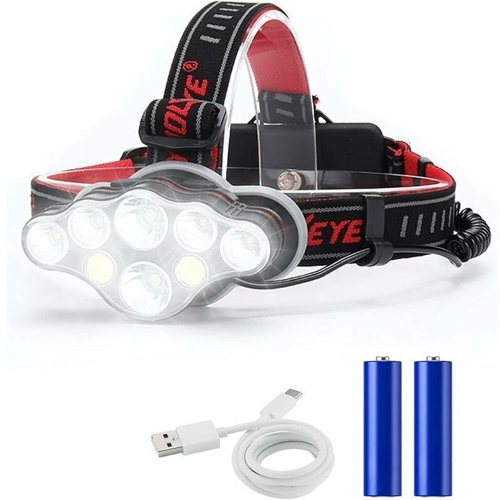 Újratölthető fejlámpa, 18000 lumen, 8 LED, 4000 mAh akkumulátor, IPX4 vízálló