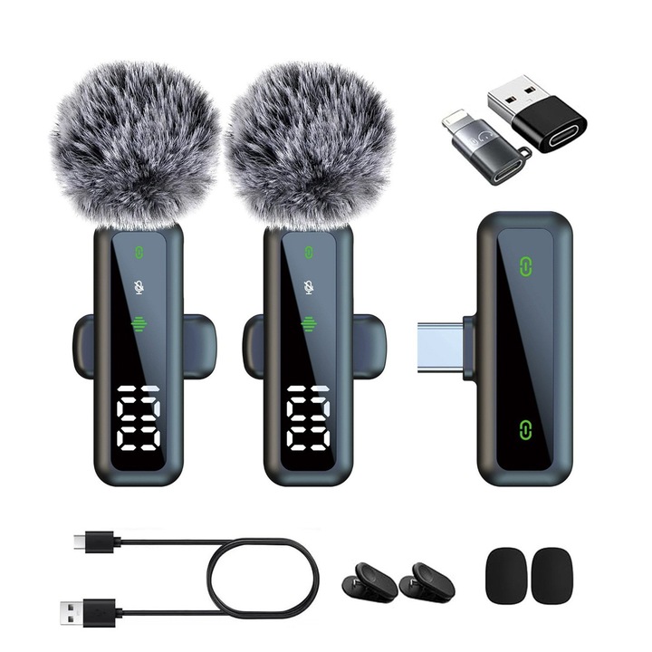 iPhone/Android/számítógéppel kompatibilis gallérmikrofon, zajcsökkentő funkcióval, élő közvetítésekhez, videófelvételekhez és interjúkhoz alkalmas, fekete