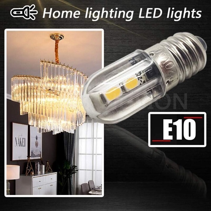 E10 LED izzó, 4 LED, meleg fény, 28x10mm, 4 darabos készlet