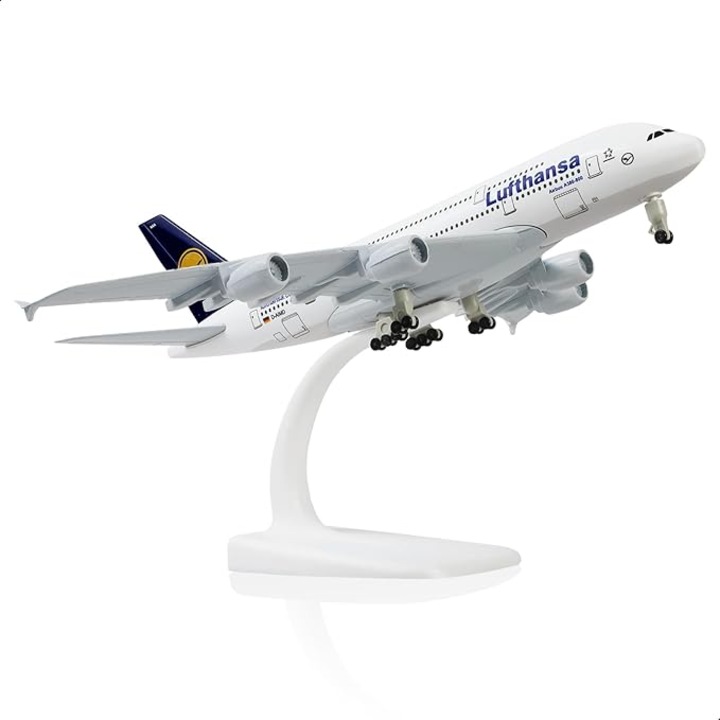 Airbus A380 Lufthansa repülőgép modell, 1:300 méretarány, ötvözet, méretek 19x21x7,5cm, állvánnyal