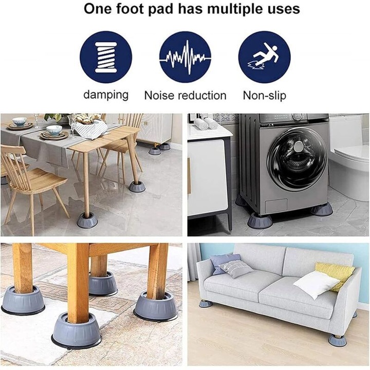 Set 4 picioruse antiderapante cauciuc pentru masini de spalat, amortizoare vibratii, negru