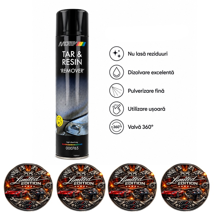 Spray Indepartare Gudron si Rasina MOTIP Tar & Resin Remover 600 ml, Dizolvare Excelenta, Nu Lasa Reziduuri, Valva 360, pentru Plastic si Suprafete Lacuite 4x Stickere auto