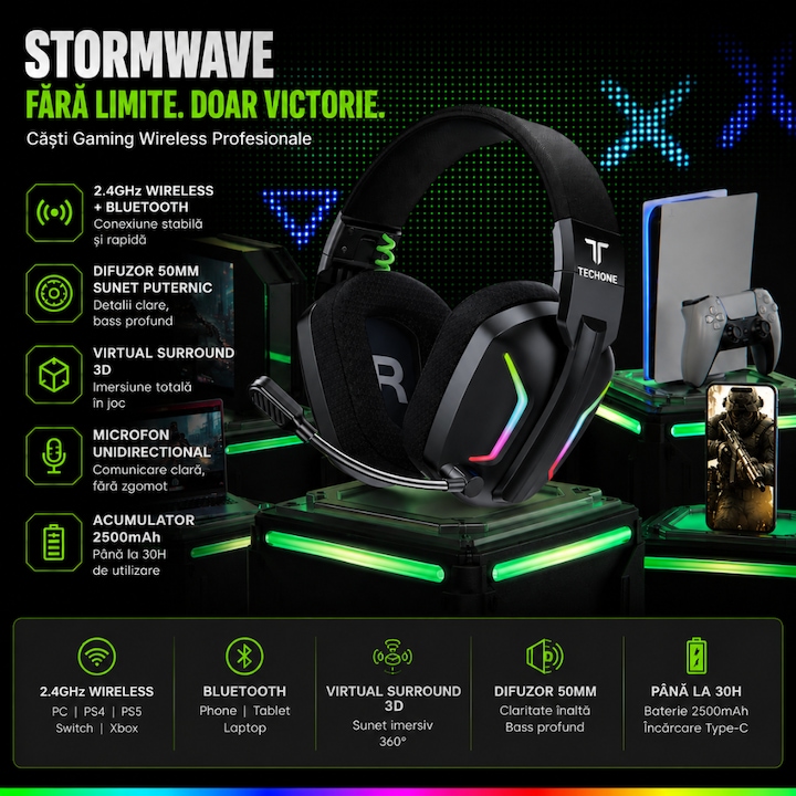 Слушалки Gaming Profesionale Wireless Techone® StormWave, Еднопосочен Микрофон, Type-C, Съвместими с PS4, PS5, Xbox, PC, Switch 2.4GHz Wireless + Bluetooth, Виртуален Съраунд 3D, 50mm Говорител, Звукоизолация, 2500 mAh Батерия, 96dB, Черен