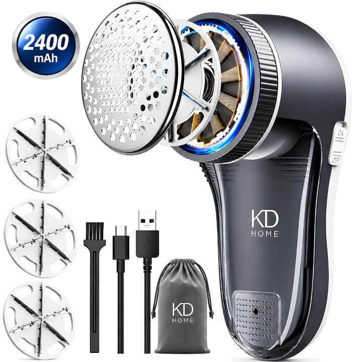 KD Home® FuzzZero Akkumulátoros Szöszeltávolító, 10.000 Fordulat/Perc, 3 Mellékelt Penge, 2400 mAh Akkumulátor, Szöszgyűjtő Tartály, Minden Típusú Ruhához, Kanapéhoz, Bármilyen Anyaghoz, Fehér