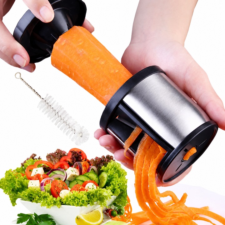 Spiralizator legume Leccik®, feliator manual tip spirala pentru spaghete vegetale, lame din otel inoxidabil 304, perie de curatare inclusa, ideal pentru dovlecei, morcovi, cartofi si castraveti, Inox
