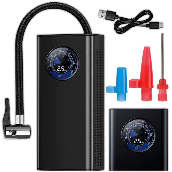Pompa electrica pentru biciclete, masini si accesorii gonflabile, mini compresor portabil cu acumulator si manometru, USB, pompa pneumatica pentru opony, mingi, motociclete, uz casnic si calatorii