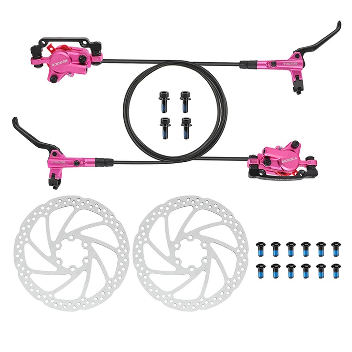 MEROCA HD-M800 Комплект хидравлични дискови спирачки за MTB, Предна дясна / Задна лява, 2-бутална система с моноблоков резервоар, Включва 2 диска 160 мм, Цвят розов