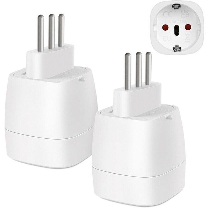 Adaptor de calatorie 2 pini la 3 pini tip L, set 2 bucati, alb, 4.3x4.3x6 cm
