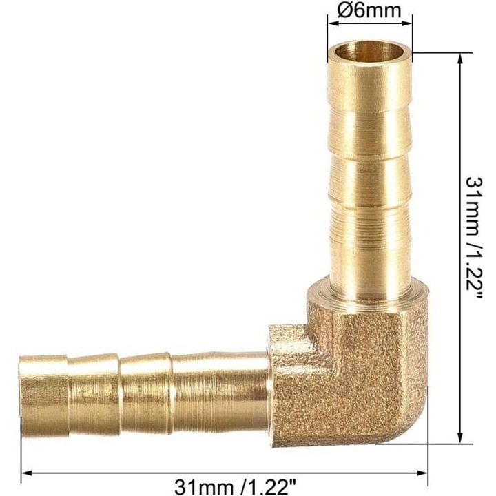 Könyökcsatlakozó 90 fokos, sárgaréz, 6mm, 2 db-os készlet, 31x31x9mm