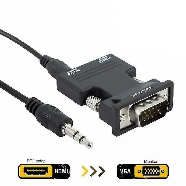 Adaptor HDMI la VGA cu cablu audio, negru, compact