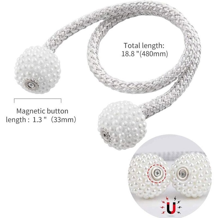 Set 4 agrafe magnetice perdea, alb, 48x4cm