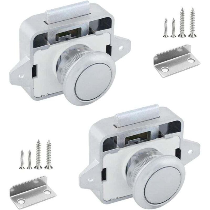 Set 2 incuietori cu buton push, metal, fara cheie, pentru usi mobilier, campervan, iaht, 14-18mm, argintiu
