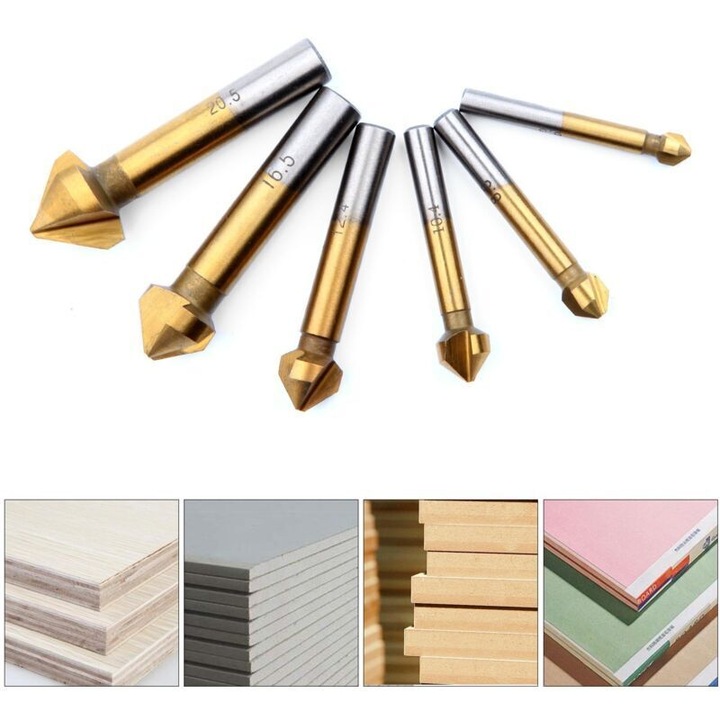 Set 6 burghie conice HSS 90°, titan, 6.3x37mm pana la 20.5x47mm, multicolor