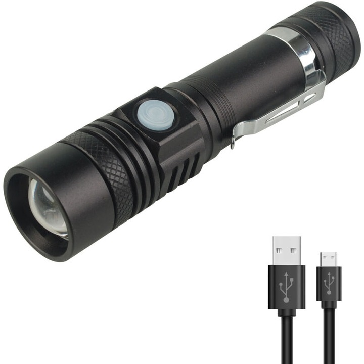 Lanterna LED USB reincarcabila, 600 lumeni, rezistenta la apa, 14xo3cm
