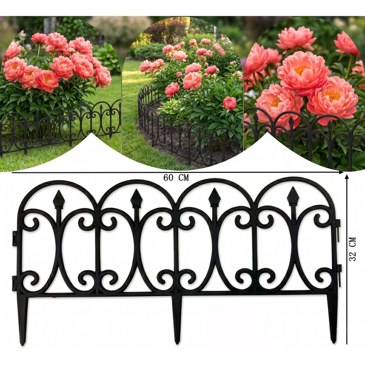 Set 4 bucati Gard Decorativ de Gradina Aurov®, Plastic Rezistent, Prindere prin Imbinare, Fixare in Sol, Design Deosebit, 60x32 cm, Negru