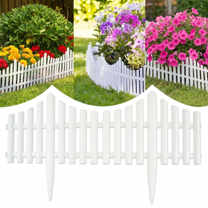 Set 6 bucati Gard Decorativ de Gradina Aurov®, Plastic Rezistent, Prindere prin Imbinare, Fixare in Sol, Design Triunghiular, Lungime 60 cm, Inaltime 32 cm, Alb