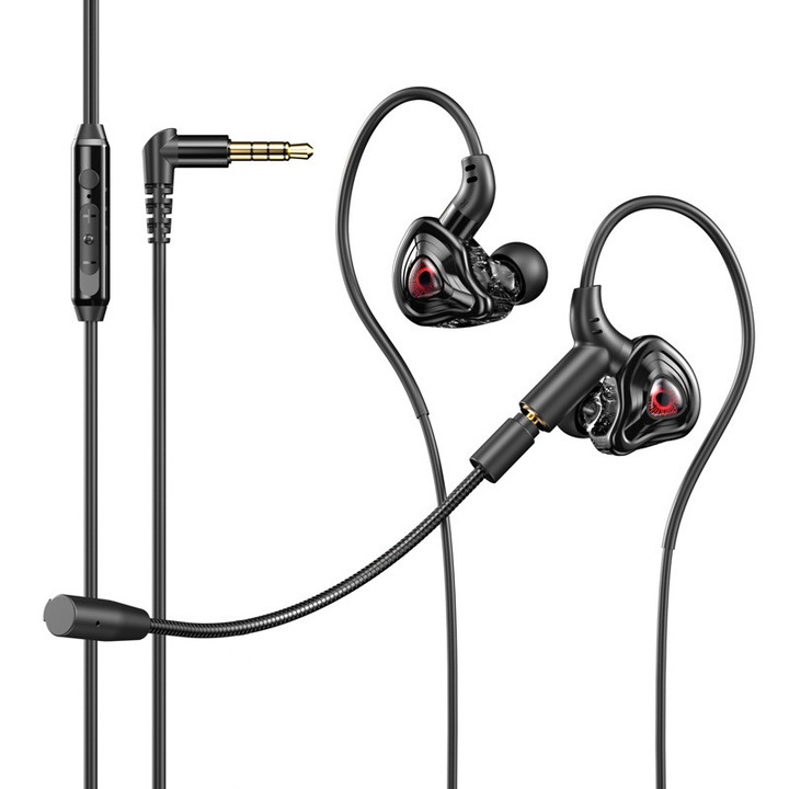 Слушалки In-Ear с кабел за гейминг, KINSI, подвижен микрофон, шумопотискане, съраунд звук, 3.5мм, L-образен конектор на 90°, съвместими с телефон, лаптоп, таблет, черни
