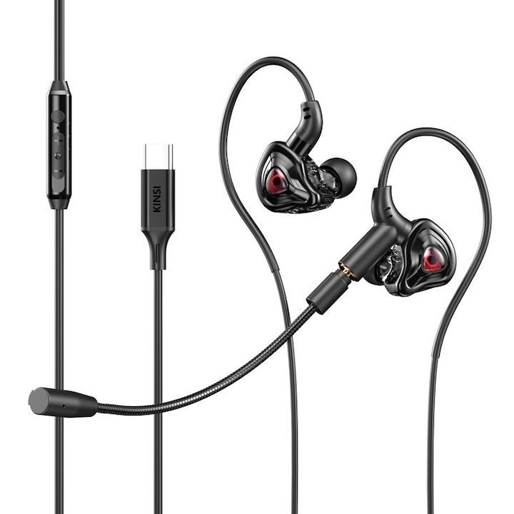 Vezetékes In-Ear Gaming Fülhallgató, KINSI, Levehető Mikrofon, Zajszűrés, Térhatású Hangzás, Type-C, Kompatibilis Telefonnal, Laptoppal, Tablettel, Fekete