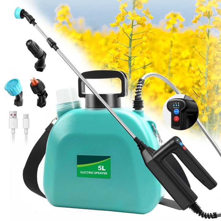 Pulverizator electric de gradina alimentat cu baterii, cu 3 duze de pulverizare, maner reincarcabil, brat telescopic si curea de umar reglabila, potrivit pentru plivirea gazonului (albastru)