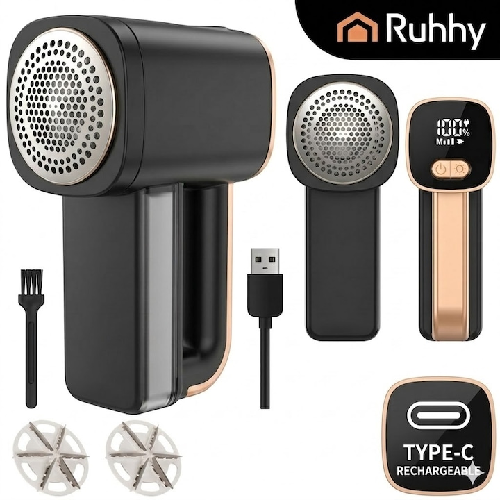 Aparat pentru indepartarea scamelor Ruhhy, fara fir, afisaj LCD, lumina LED, 3 viteze, USB-C, recipient 150 ml, pentru haine, tapiterie, 18 x 10.5 x 7.5 cm, Negru, Auriu