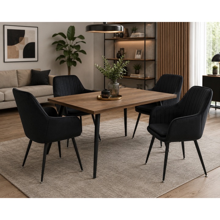 Kárpitozott étkezőszék karfával, fém lábakkal, modern design, fekete